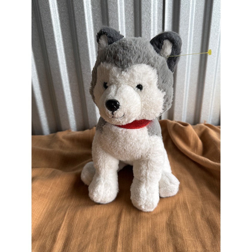 FAO Schwarz Husky Dog Plush Stuffed Animal Toy Gray White Red Collar